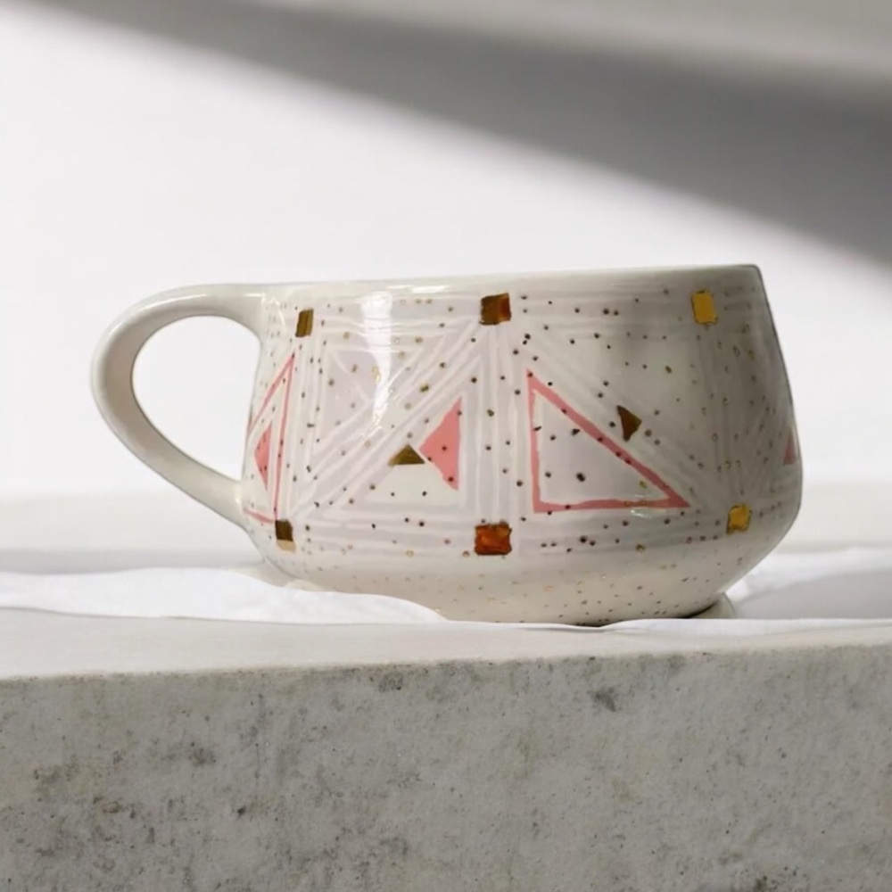 Anthropologie Oleanna Pink Gold Geometric Pattern Ceramic Coffee Mug Cup New
